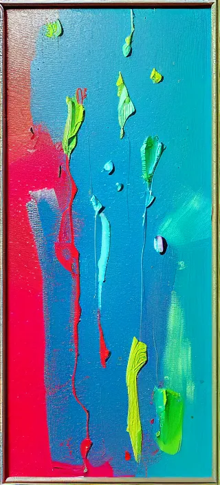 Prompt: canvas with raises paint textures, splash of paint down center, abstract, acrylic, applied thick, paint smeared with palette knife, blotch of spray paint in corner, trichrome