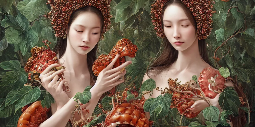 Image similar to breathtaking detailed concept art painting of the goddess of rafflesia arnoldii flowers, orthodox saint, with anxious, piercing eyes, ornate background, amalgamation of leaves and flowers, by Hsiao-Ron Cheng, James jean, Miho Hirano, Hayao Miyazaki, extremely moody lighting, 8K