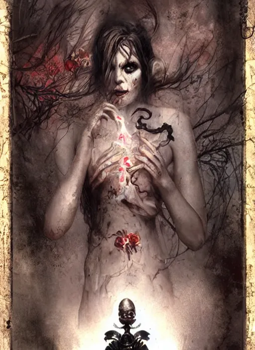 Prompt: a horror tarot card design with intricate details of soul leaving the body in smokes :: bastien lecouffe deharme