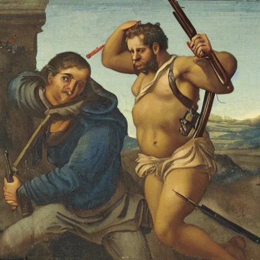 Prompt: cupido holding a rifle follows a prisoner