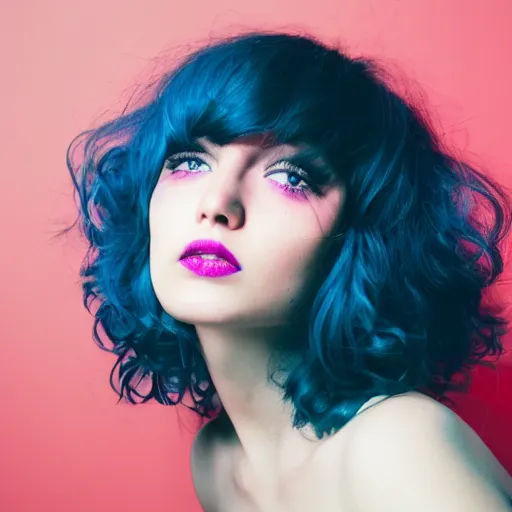 Prompt: a photo of a young woman with short wavy black hair. moody and melanchonic. with a little bit of cyan and pink