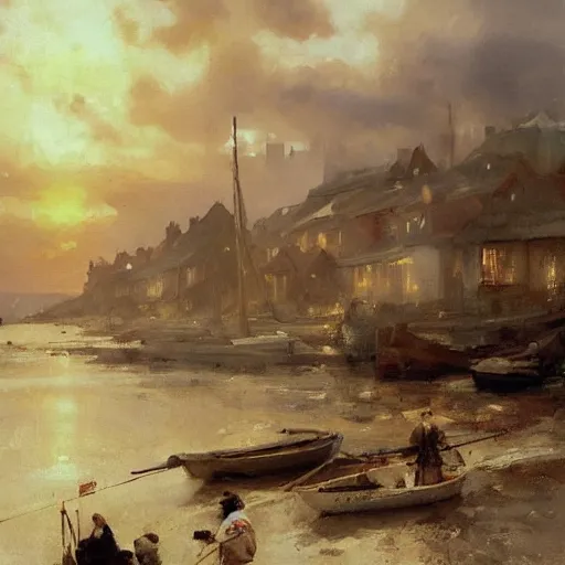 Image similar to scientific oil painting of fishing village by anders zorn, wonderful art by greg rutkowski, incredible lighting, shadows, beautiful cinematic light