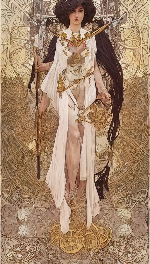 Image similar to soldiers in white armor, highly detailed, very intricate, art nouveau, gold filigree, left right symmetry, tarot concept art watercolor illustration by mandy jurgens and alphonse mucha and alena aenami, featured on artstation