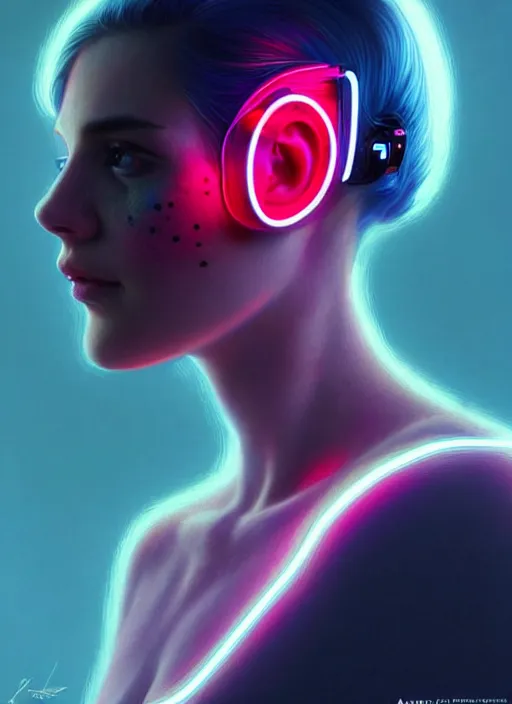 Image similar to photorealistic an american female humanoid with freckle cheeks, cyber neon lightings, futurism, cyberpunk high fashion, elegant profile pose, intricate details, crispy quality, digital photography, trending in artstation, trending in pinterest, no watermark signature, cinematic, 4 k ultra hd, art by artgerm, art by greg rutkowski, art by pascal blanche