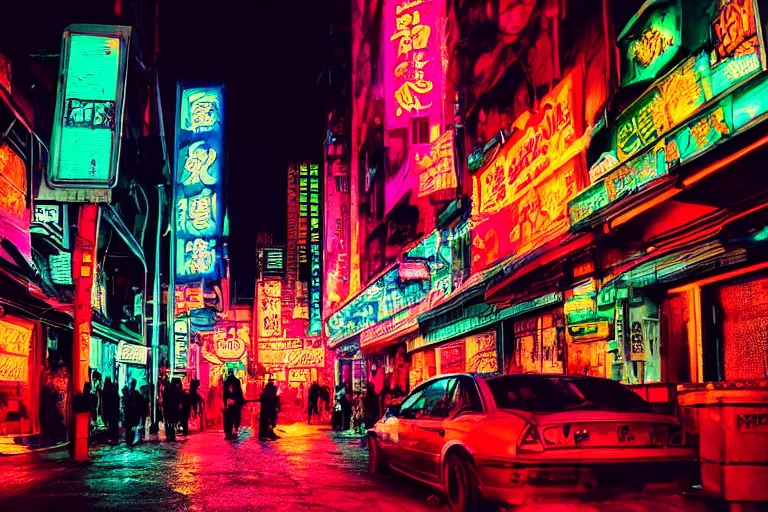 Image similar to a city street filled with lots of neon signs, cyberpunk art by liam wong, pinterest, shin hanga, anime aesthetic, streetscape, photo taken with ektachrome