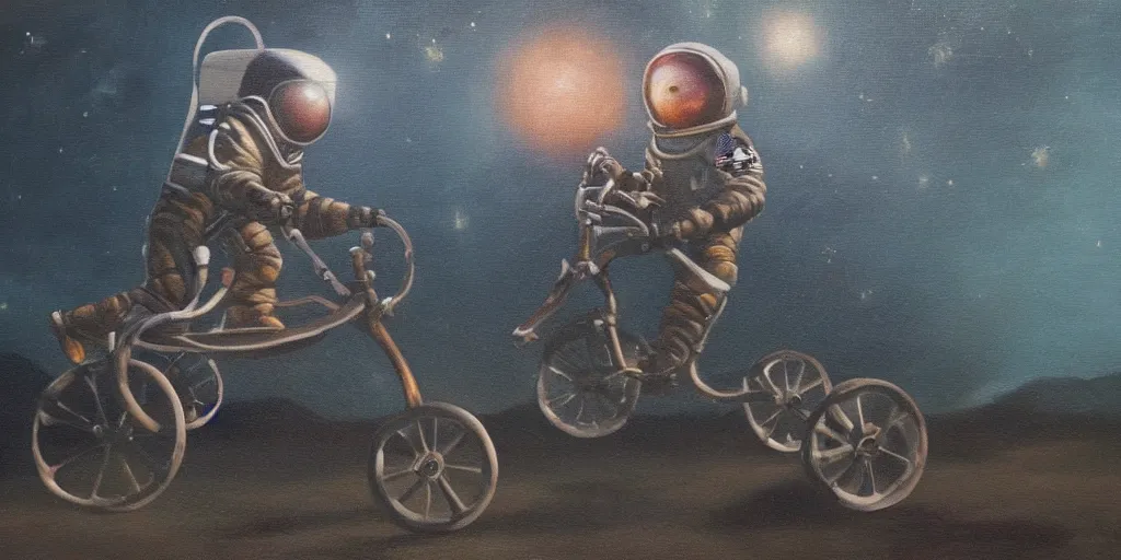 Prompt: creepy oil painting of an astronaut riding a bigwheel. epic lighting.
