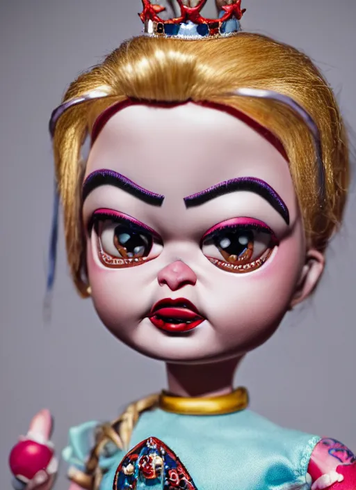 Image similar to closeup face profile portrait of tin toy bride of chucky as a fairytale princess wearing a crown eating cakes, bikini, depth of field, zeiss lens, detailed, symmetrical, centered, fashion photoshoot, by nicoletta ceccoli, mark ryden, lostfish, breathtaking, 8 k resolution, extremely detailed, beautiful, establishing shot, artistic, hyperrealistic, octane render