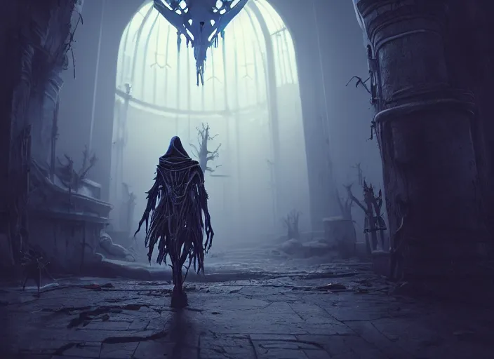 Prompt: character and environment design, holy ( ( biomechanical ) ) arcanist walking through a magic portal to another world, tattered!!! robe and hood, blue light, fog, scary, arrogant, hostile, photorealistic, cinematic, hyper realistic, octane render, 8 k, wide angle