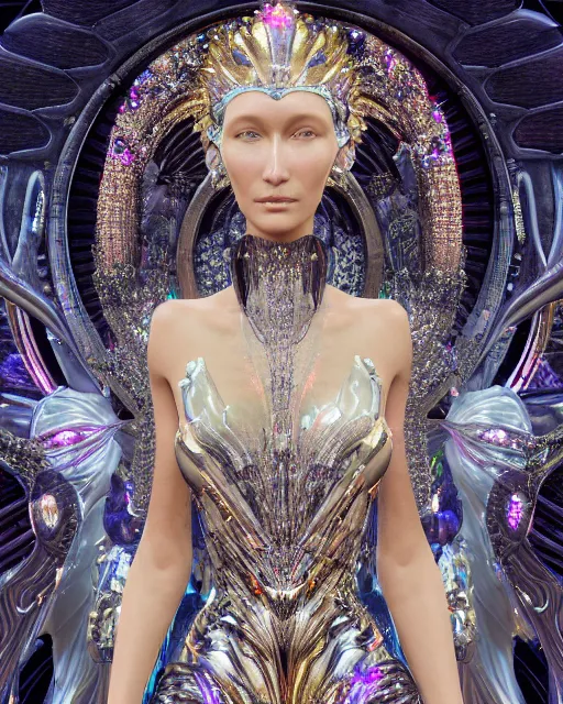 Image similar to a highly detailed metahuman 4 k close up render of an alien goddess bella hadid monument saint in iris van herpen dress schiaparelli in diamonds crystals swarovski and jewelry iridescent in style of alphonse mucha gustav klimt trending on artstation made in unreal engine 4