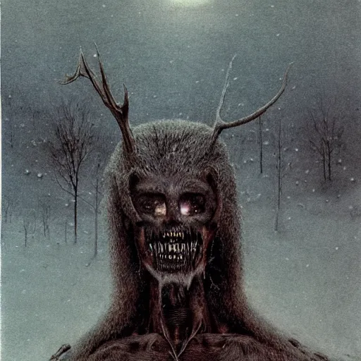 Image similar to wendigo prowling in the ancient snow mountain, beksinski