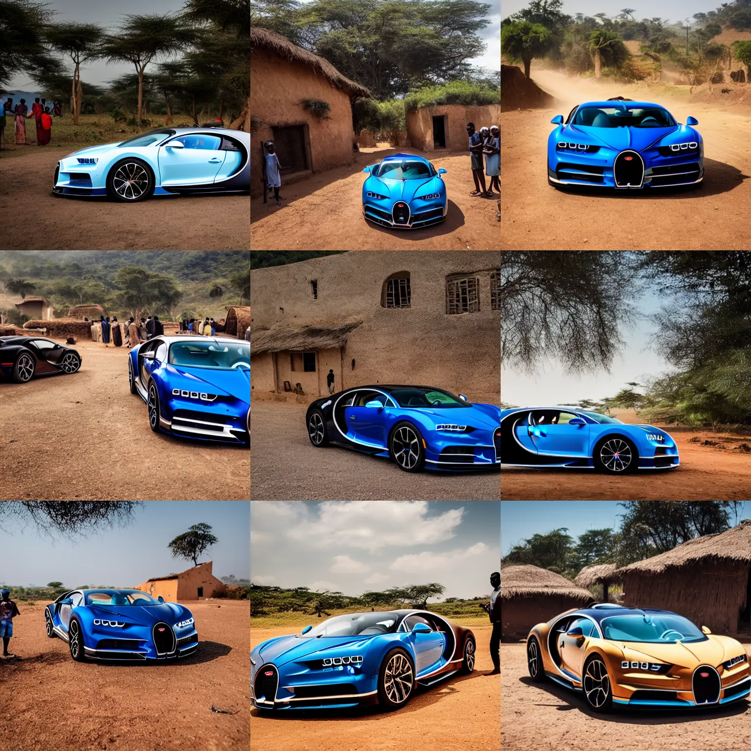 Prompt: High-quality photography of a Bugatti Chiron in an African village surrounded by curious villagers, shot on iPhone