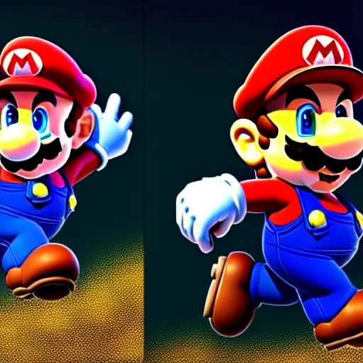 Image similar to Mario is ascending, photorealistic, desolate, terrifying, weird, strange, odd, uncanny, hyper realism, highly detailed, photorealism, smooth gradients, high contrast, photorealistic