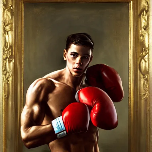 Prompt: handsome portrait of a young guy fitness posing, war hero, flexing, wearing red boxing gloves, hibiscus flower accent, radiant light, caustics, by gaston bussiere, bayard wu, greg rutkowski, giger, maxim verehin