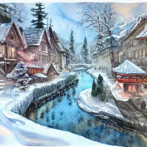 Image similar to water color on paper, winter wonderland, highly detailed, artstation, masterpiece, award - winning,