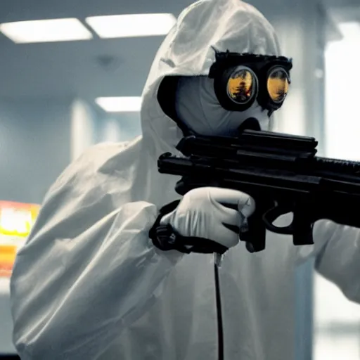 Image similar to a man wearing a hazmat suit, holding a gun, in a bank, directed by michael mann