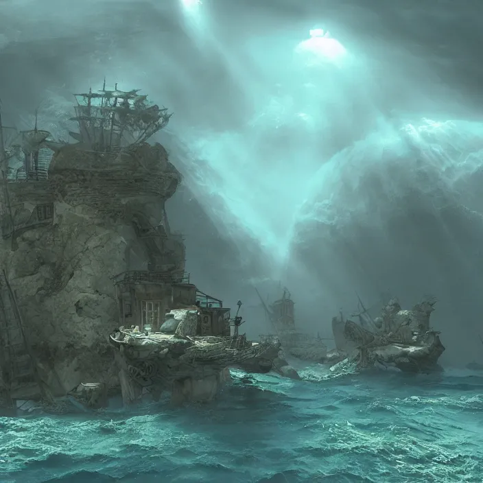 Image similar to an underwater settlement painted by, mc escher, gordon onslow ford, georgia o'keeffe and ivan aivazovsky, cinematic light, god rays, unreal engine, zbrush central,