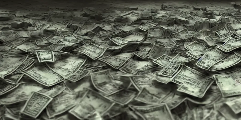 Image similar to a film still of money piling up in a vault, shallow depth of field, cinematic, award winning cgi, vfx, film still