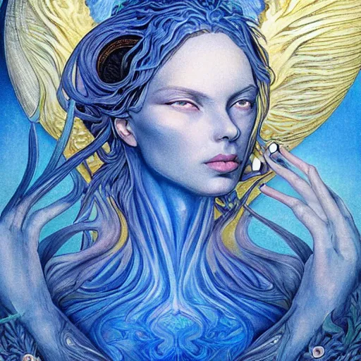 Image similar to most beautiful silk brethren, azure milieu of desert of reality, unhinged logos in the style of william blake, terese nielsen, detailed, intricate, beautiful faces, extremely detailed and aesthetic, steve argyle, pastoral fantastic reality