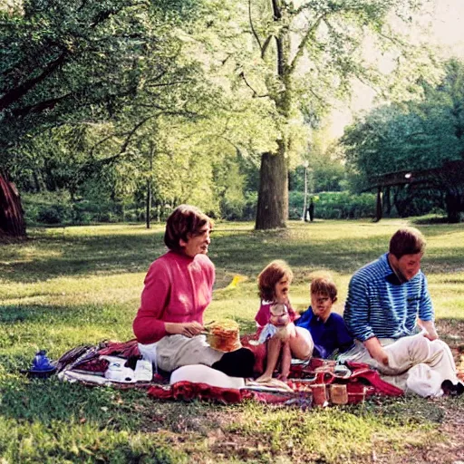 Prompt: A family having a picnic in park from the perspective of an ant on the table - 35mm