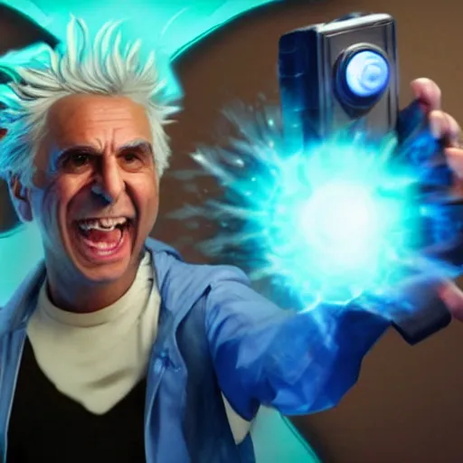 Image similar to Rick Sanchez as a real-life person, studio portrait, real-life-action movie star, holding a portal gun, opening a portal, Rick Sanchez