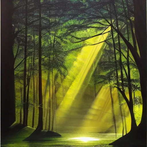 Image similar to forest, sun rays, with a river sparkling acryl painting 4 k