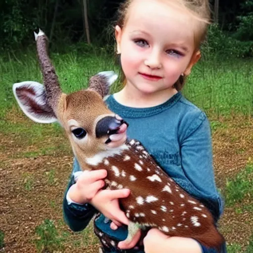 Prompt: little girl holding a cute baby deer