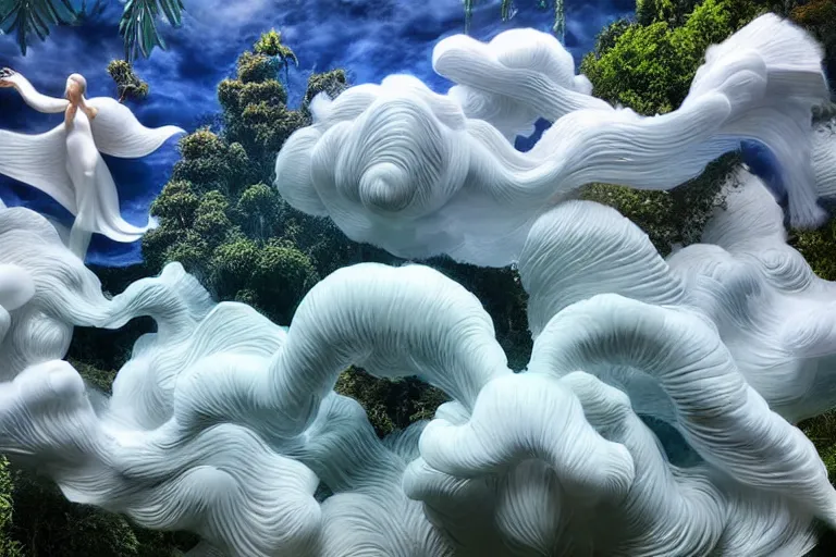 Image similar to a huge ultra detailed flock of many smooth puffy whirling elegant cloud sculptures with turning gemstone crystal sculptures, art nouveau jungle environment, soothing, crepuscular rays, award winning art, epic dreamlike fantasy landscape, ultra realistic,