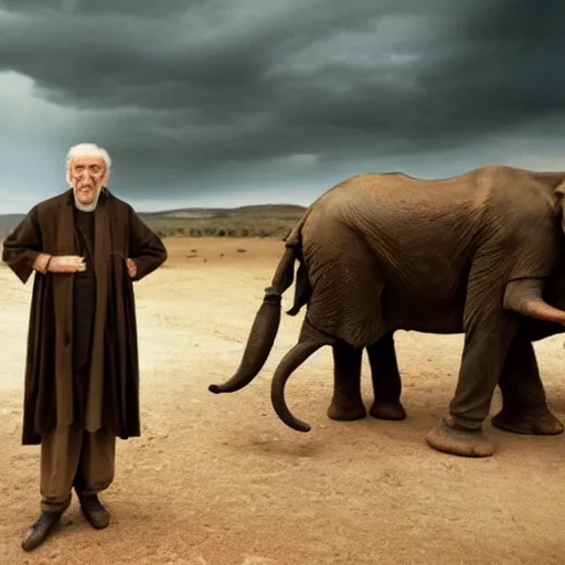 Image similar to cinematic film still of 80 year old Mediterranean skinned man in ancient Canaanite clothing stands next to a pair of elephants. Storm clouds. directed by Steven Spielberg