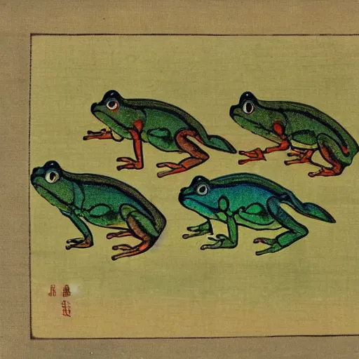 Image similar to ancient Japanese color art of a trio of frogs in different colors