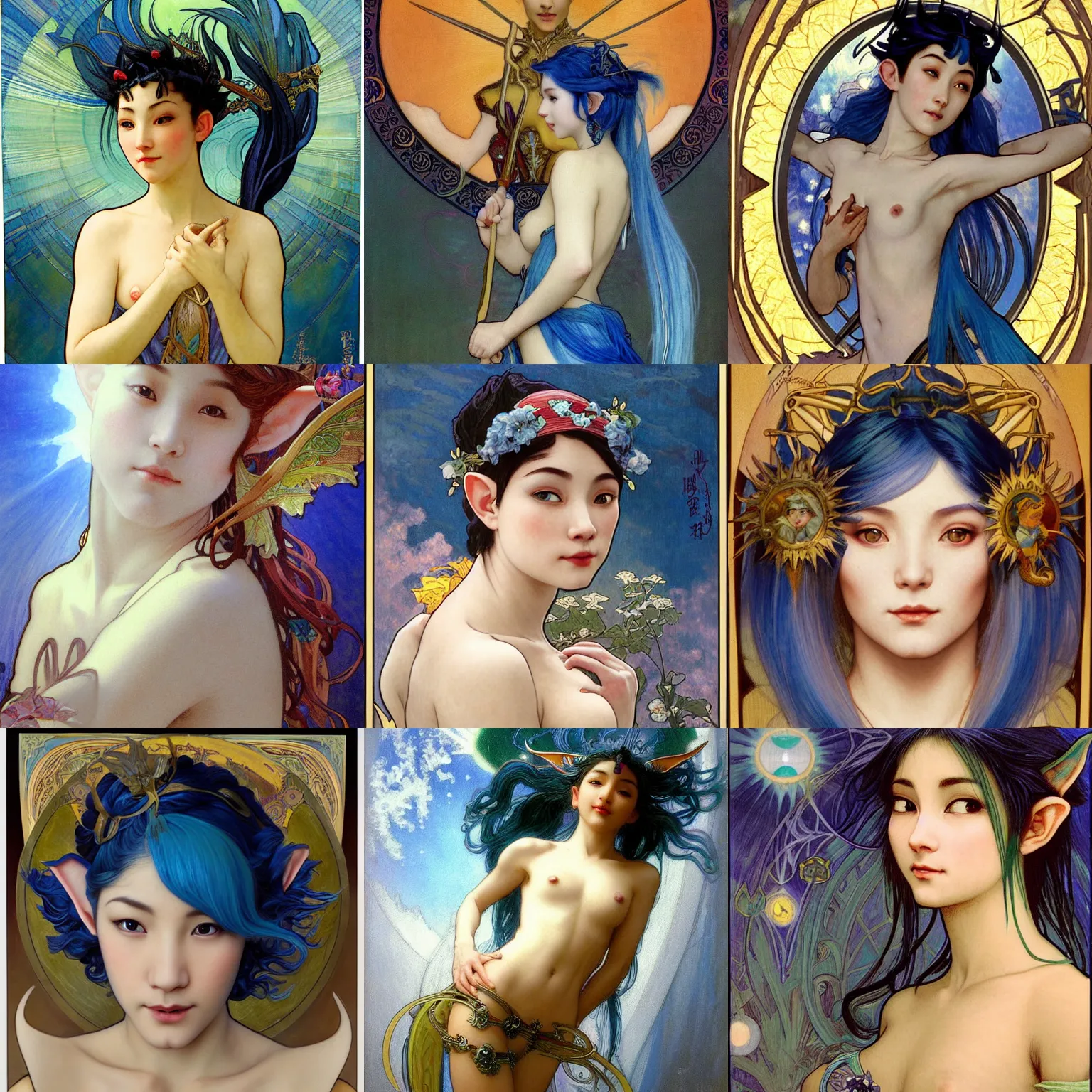 Image similar to stunning, breathtaking, awe-inspiring award-winning concept art nouveau painting of attractive Asian elf nymph with blue hair and pointy elf ears, as the goddess of the sun, with anxious, piercing eyes, by Alphonse Mucha, Michael Whelan, William Adolphe Bouguereau, John Williams Waterhouse, and Donato Giancola, cyberpunk, extremely moody lighting, glowing light and shadow, atmospheric, cinematic, 8K