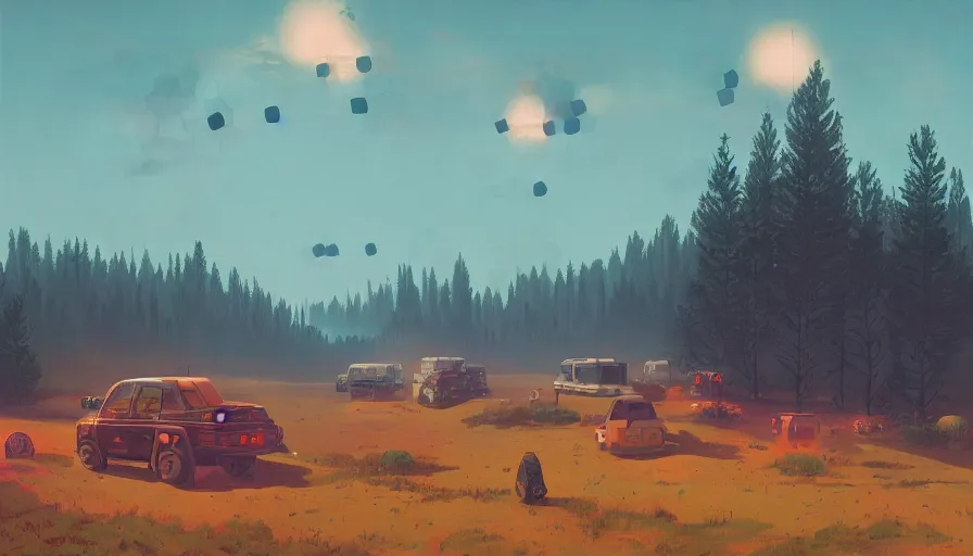 Image similar to hexagons in the sky, blocking the sun, simon stalenhag