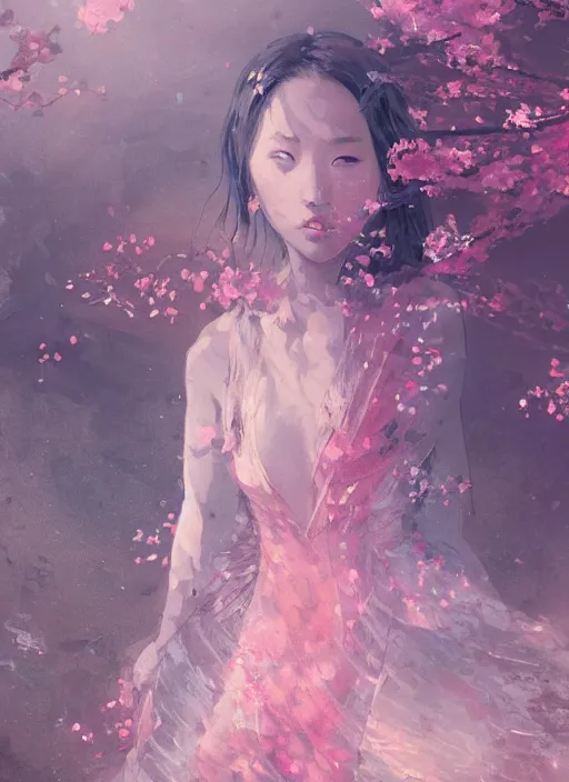 Prompt: lee jin - eun wearing luxurious dress emerging from pink water with cyberpunk theme by greg rutkowski, claude monet, conrad roset, takato yomamoto, rule of thirds, seductive look, beautiful, sakura flowers, dreamy,