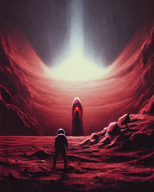 Image similar to ultra realistic, astronaut standing in front of an eerie hell cathedral on a destroyed planet in soace, there’s a large obsidian vortex in the sky in the art style of Zdzisław Beksiński, black and red background, occult, photo realistic, dark atmosphere, volumetric lighting