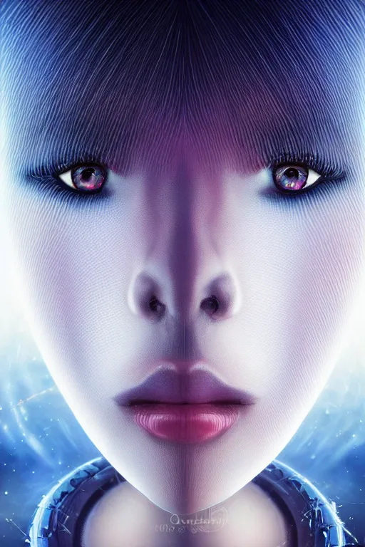 Image similar to beautiful hyper realistic, moonbow queen, highly detailed, artgerm, artstation, deviantart, black, malicious, dark, extreme closeup three-quarter android portrait, tilt shift LaGrange point orbit background, three point perspective, focus on portrait of two androids; pointé pose; eye contact, kinemacolor, soft lighting