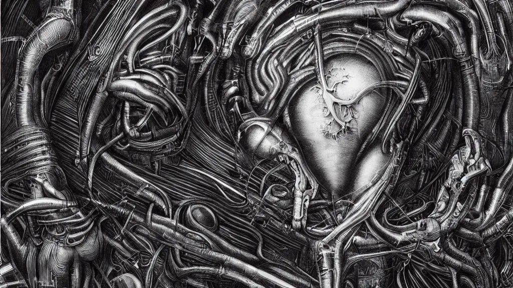 Image similar to Heart of the internet, style of Giger, H. R. GIGER, 4K, highly detailed, minimalistic
