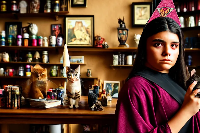 Prompt: 2 0 2 2 photo, close up portrait, dramatic lighting, concentration, calm confident hispanic teen witch and her cat, tarot cards displayed on the table in front of her, sage smoke, magic wand, a witch hat and cape, apothecary shelves in the background, still from harry potter, alphonse mucha