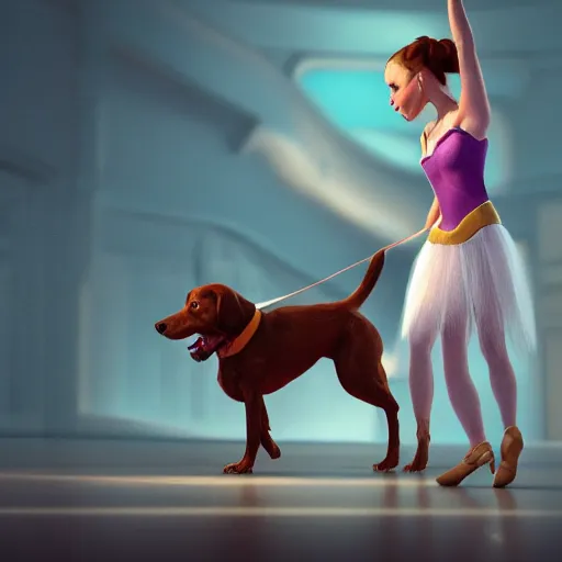 Prompt: still of woman working on her website, disney, comic book style, the dog is doing a ballet dance, highly detailed, 16k resolution, octane renderer, coherent