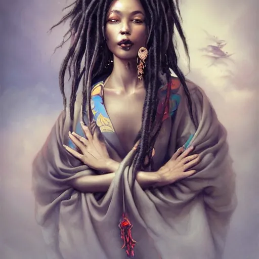 Image similar to pretty black woman with dreadlocks and tattoos, wearing a kimono, ultrarealistic,, in the style of peter mohrbacher by weta digital and beth cavener, intricate, masterpiece, award winning, intricate