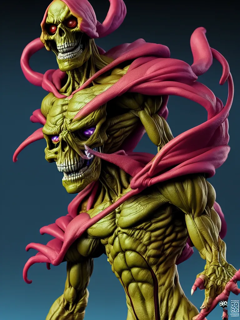 Image similar to hyperrealistic rendering, skeletor by bernie wrightson and killian eng and joe fenton, product photography, action figure, sofubi, studio lighting, colored gels