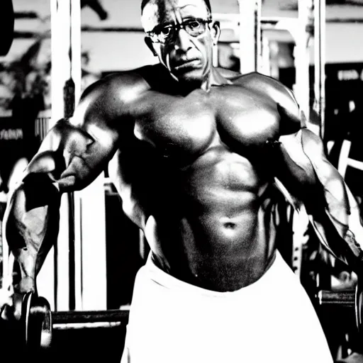Image similar to photo of Gustavo Fring as a Bodybuilder in a gym, realistic, full body, 4k, dramatic, real