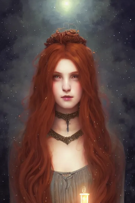 Image similar to Nocturne, glowing, stars, a long-legged occultist woman, long auburn hair, choker, highly detailed, mysterious, ethereal, sigils, haute couture, illustration, dramatic lighting, soft details, painting, by Edmund Blair Leighton, Brom, Charlie Bowater, trending on artstation, faces by otto schmidt