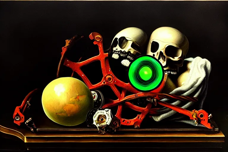 Image similar to a vanitas painting depicting an NVIDIA RTX A100 GPU, graphics card