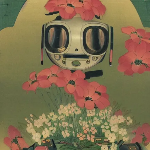 Image similar to a elegant japanese robot with fluo color detail, and muted arm colors, on top of dutch master painting of flowers