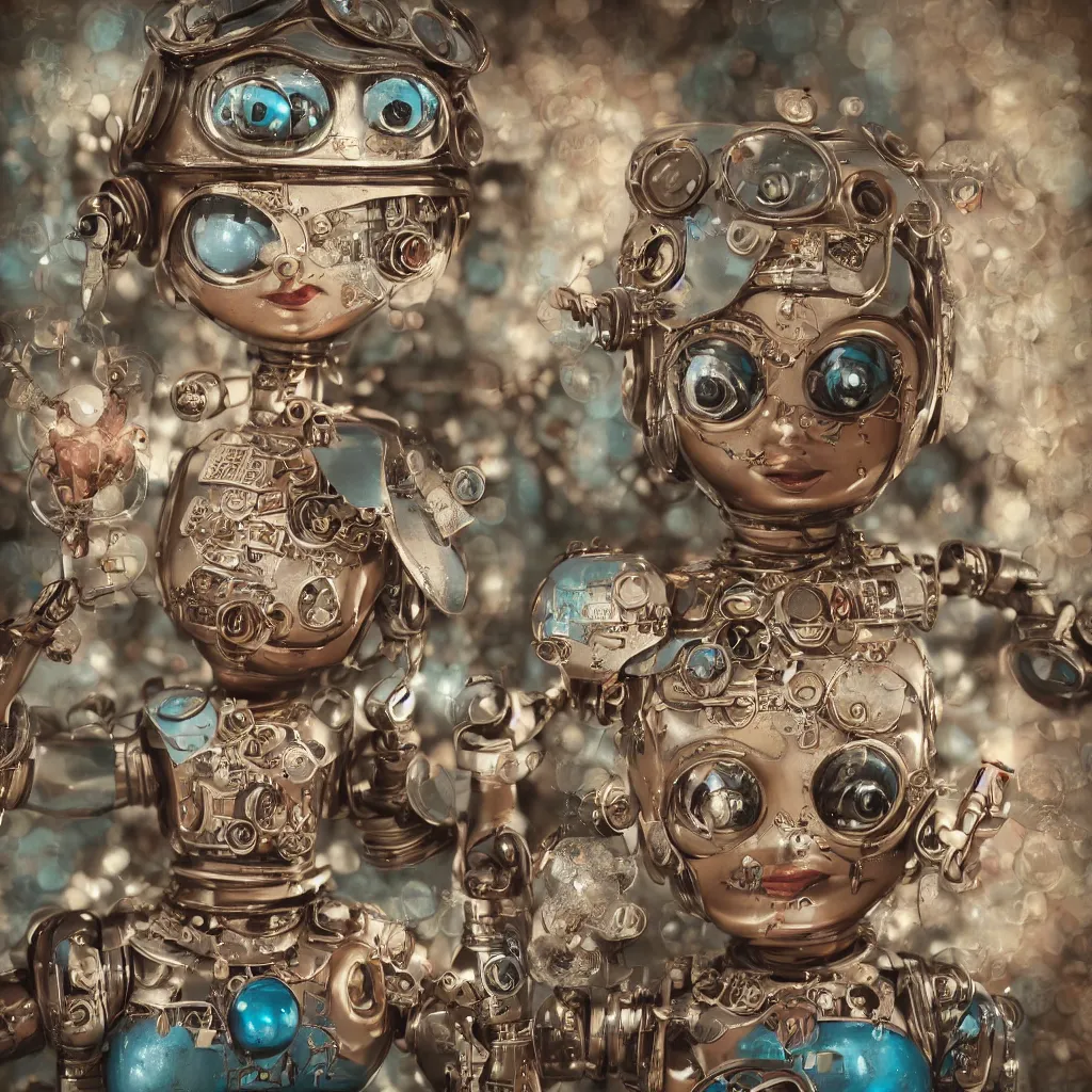 Image similar to closeup portrait of tin toy robot bikini girl trap, depth of field, zeiss lens, detailed, symmetrical, centered, fashion photoshoot, by nicoletta ceccoli, mark ryden, lostfish, breathtaking, 8 k resolution, extremely detailed, beautiful, establishing shot, artistic, hyperrealistic, octane render