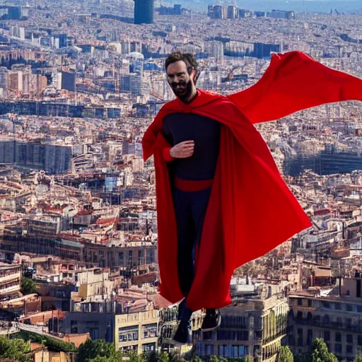 Image similar to santigo abascal flying over barcelona wearing a red cape