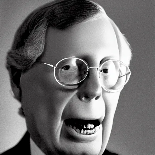 Prompt: the melting slimy face of villain mitch mcconnell flesh monster. horror film photograph.