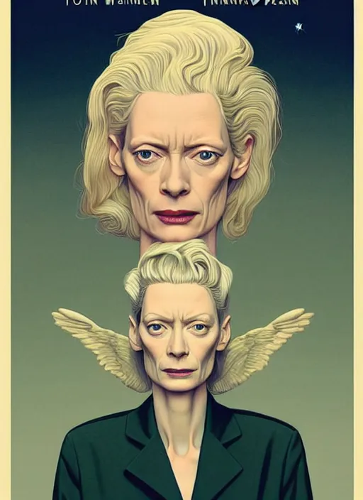 Image similar to Twin Peaks poster artwork by Michael Whelan, Bob Larkin and Tomer Hanuka, Karol Bak of portrait of radio host Tilda Swinton!!!!!!!!!! lounging in her radio sound booth, alone, late at night, from scene from Twin Peaks, simple illustration, domestic, nostalgic, from scene from Twin Peaks, clean, cover of New Yorker magazine