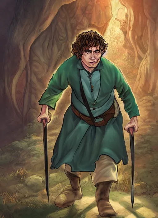 Image similar to A fantasy comic book style portrait painting of a hobbit, DAZ, hyperrealistic, ambient light, dynamic light