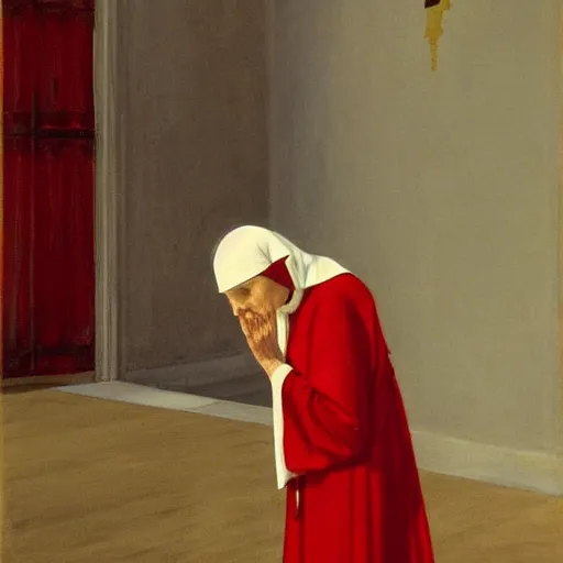 Prompt: praying nun in red clothes staying in the middle of abandoned huge temple, by Edward Hopper