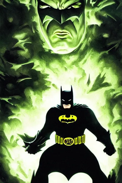 Image similar to angry batman, with dark ghost smokes around, green scary lights, illustration, jason fabok, jim lee, mark brooks, alex ross style, dark fantasy color scheme, cinematic, mysterious, artgem